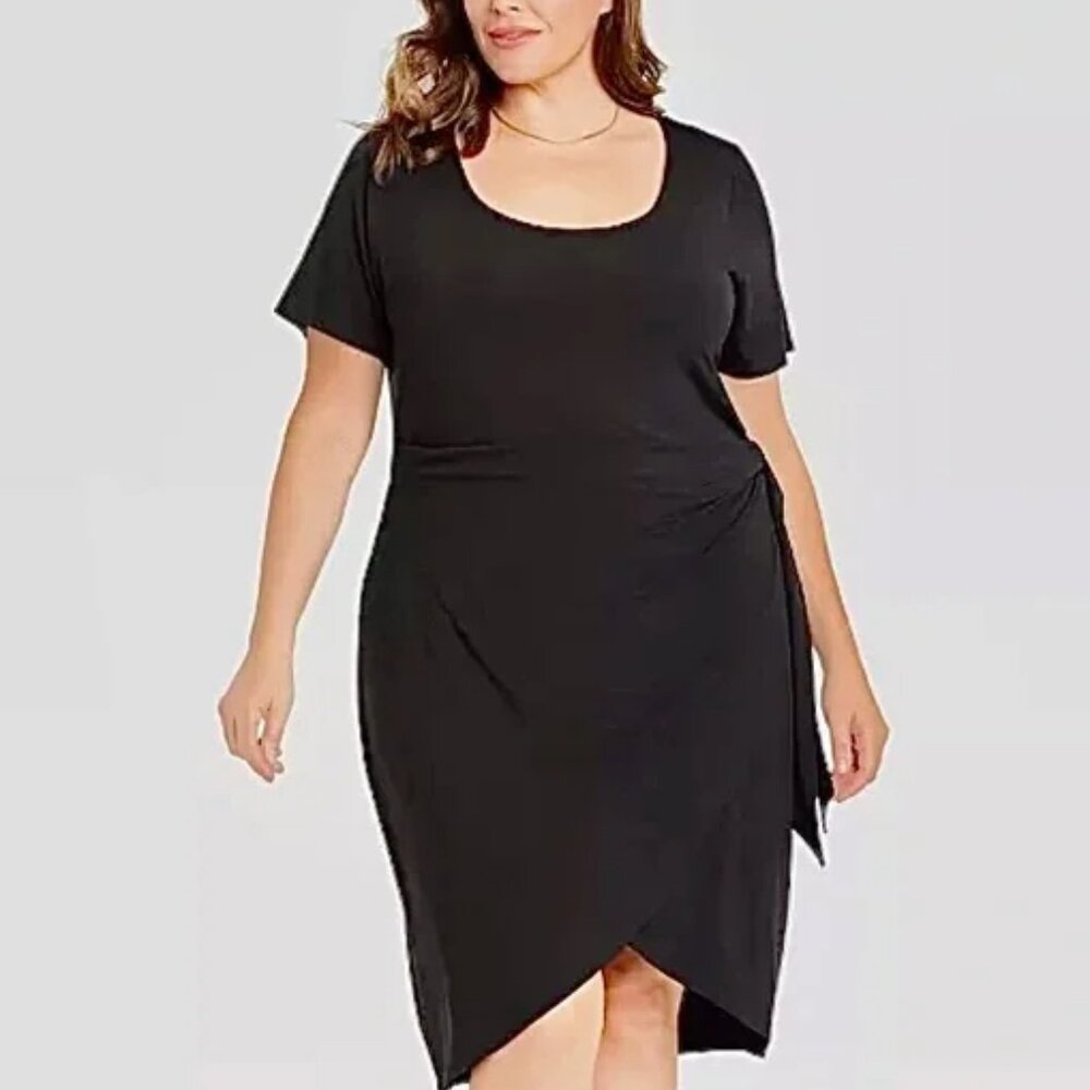 Ava & Viv Size 4X Dress Black Scoop Neck Short Sleeve Draped Wrap Skirt w/ Tie